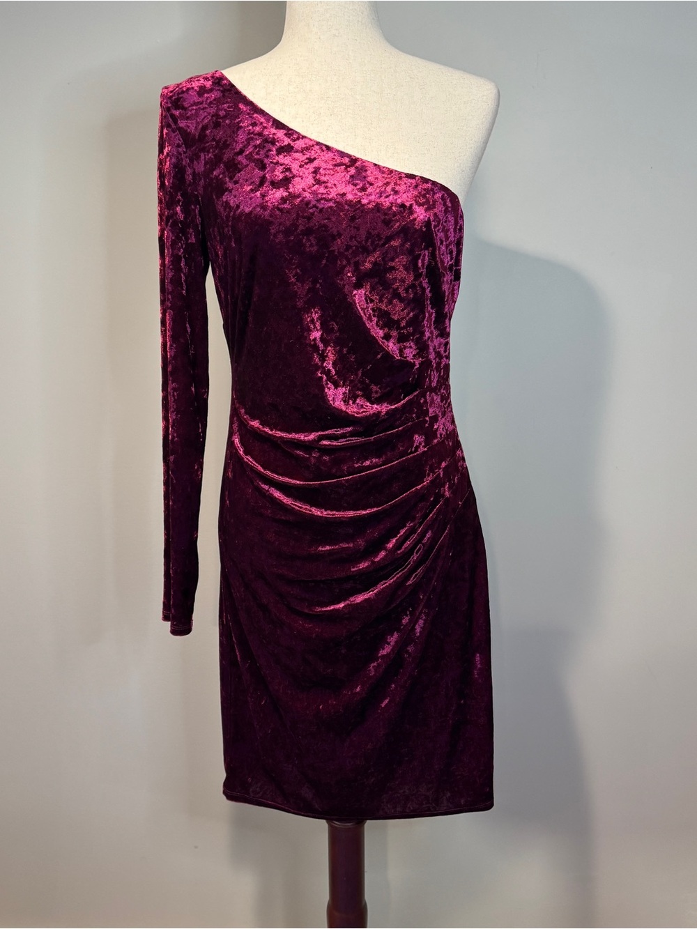 Eliza J One Shoulder Crushed Velvet Sheath Dress Plum Wine Evening Formal Size 8